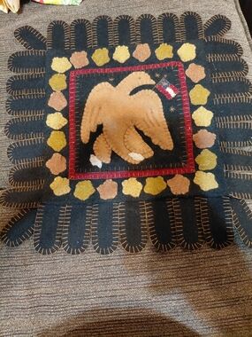 Folk Art Eagle Wool Hooked Pillow Cover in Black, Tan & Mustard